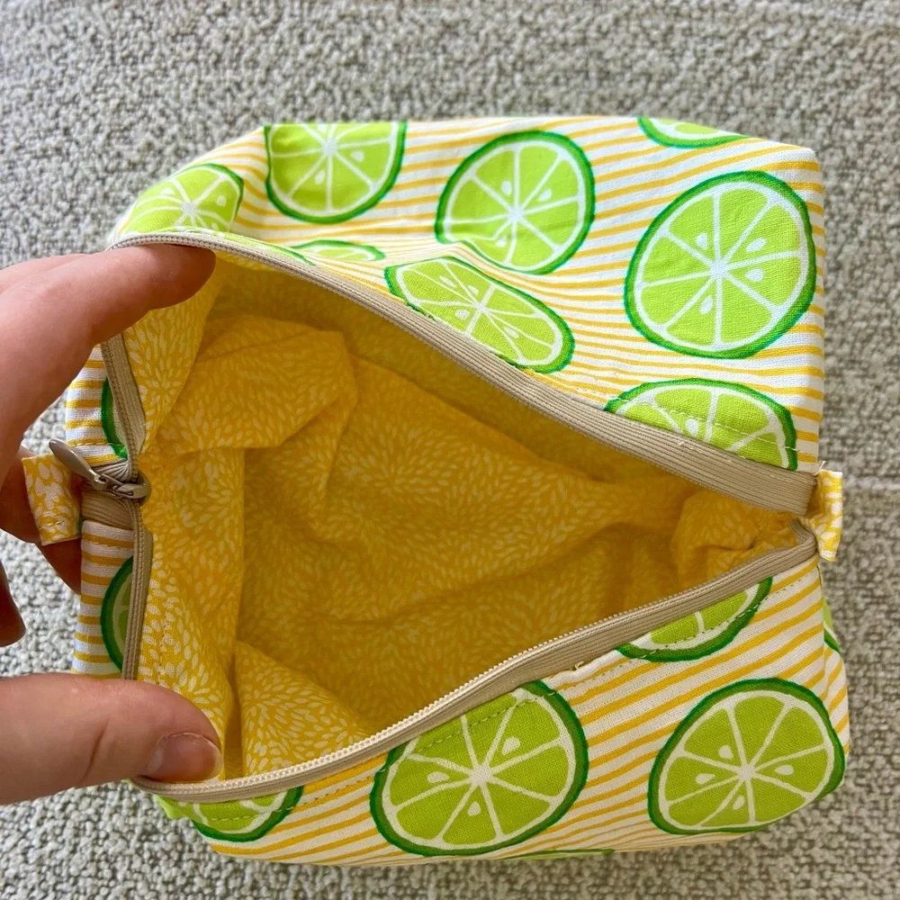 Lime Print Yellow Stripe Canvas Cosmetic Bag